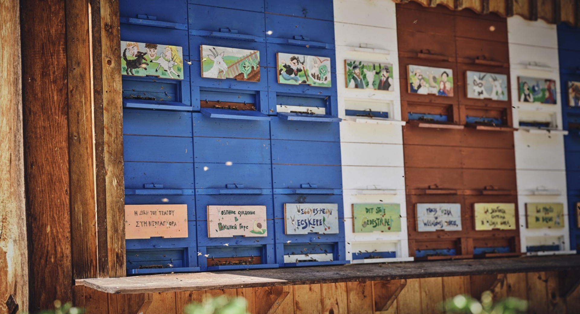 A blue, white, and brown beehive house made of wood.