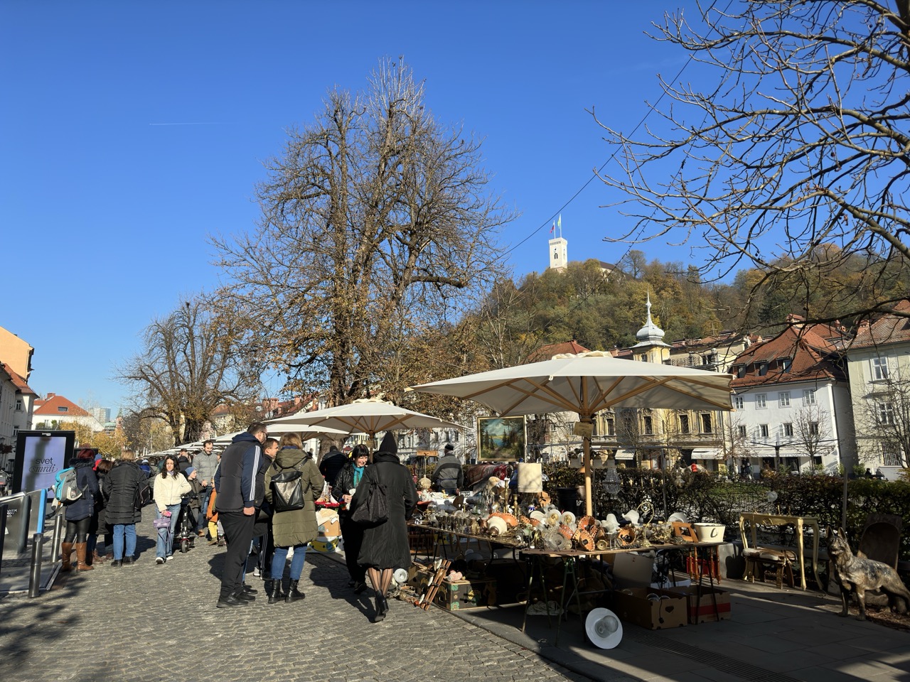 Stalls with antiques at the Sunday Flea Market on Breg street in Ljubljana.