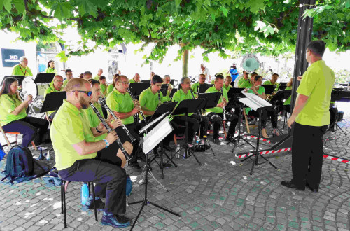 Pihalni orkester v fluorescentno zelenih majicah sedi pod drevesi in igra na glasbila.