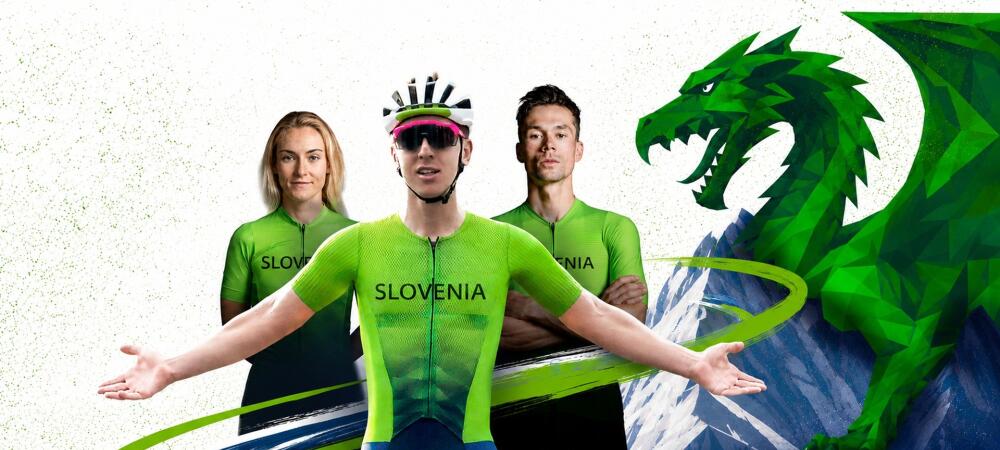 Three cyclists in brightly coloured green kits are on display against a stylised background featuring a dragon motif.