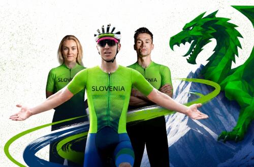 Three cyclists in brightly coloured green kits are on display against a stylised background featuring a dragon motif.