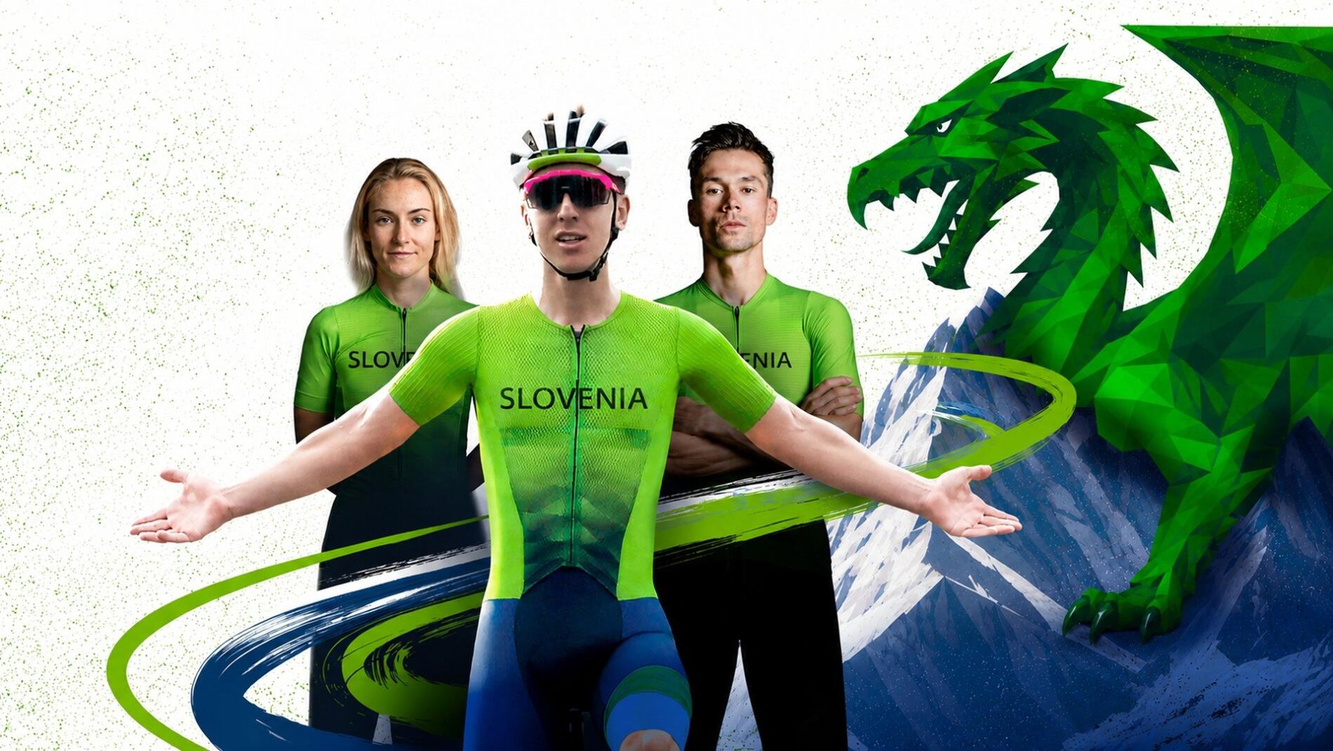 Three cyclists in brightly coloured green kits are on display against a stylised background featuring a dragon motif.