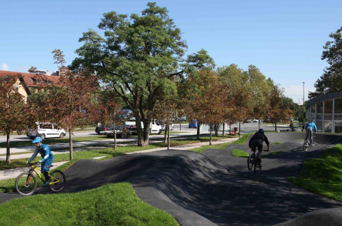 A park with a cycling track where a few cyclists ride along winding paths, surrounded by green meadows and trees lining the road.