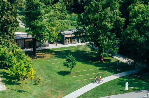 Two cyclists ride along a path through a green area lined with trees, with modern buildings in the background.