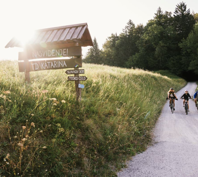 The family approaches on bikes along a well-maintained path through the meadow, passing by a sign that reads 'Goodbye TD Katarina'.