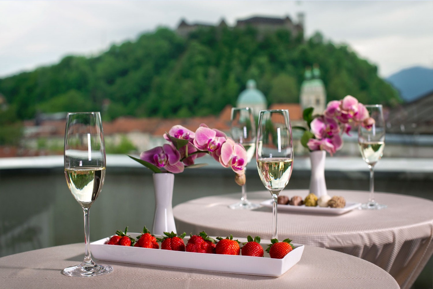 Dvorana nad mestom v City hotelu - pogostitev in v ozadju ljubljanska panorama z Gradom.