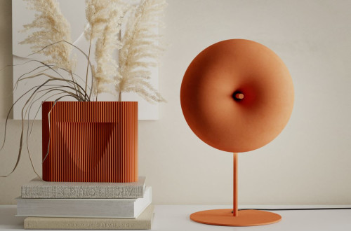 Un interno minimalista moderno con una lampada di design arancione dalla forma organica, un vaso scanalato arancione con erba di pampa e una pila di libri su una superficie bianca elegante.
