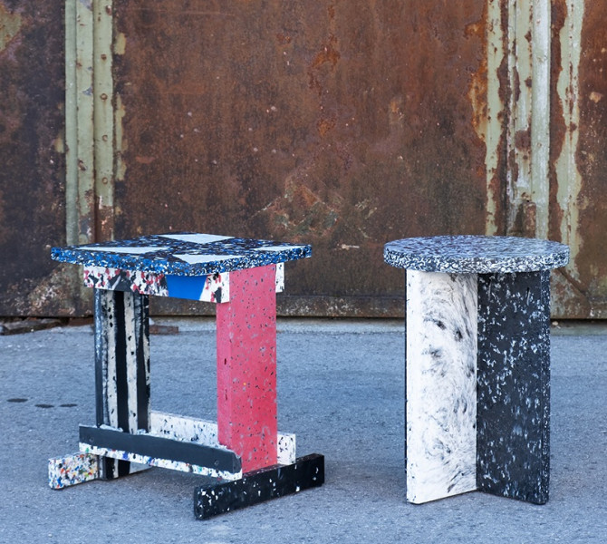 A black-and-white table and a red-and-black table.