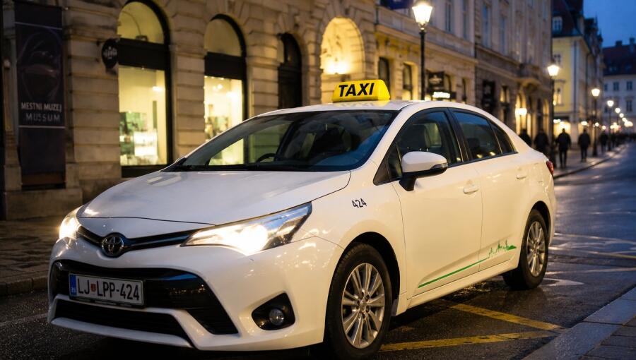 Un véhicule de taxi blanc avec un chauffeur et un panneau 'TAXI' jaune sur le toit se tient dans une rue de la ville éclairée par des lumières du soir. À l'arrière-plan, les fenêtres des magasins sont illuminées.
