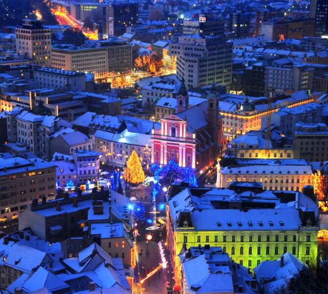 A panoramic view of snow-covered Ljubljana.