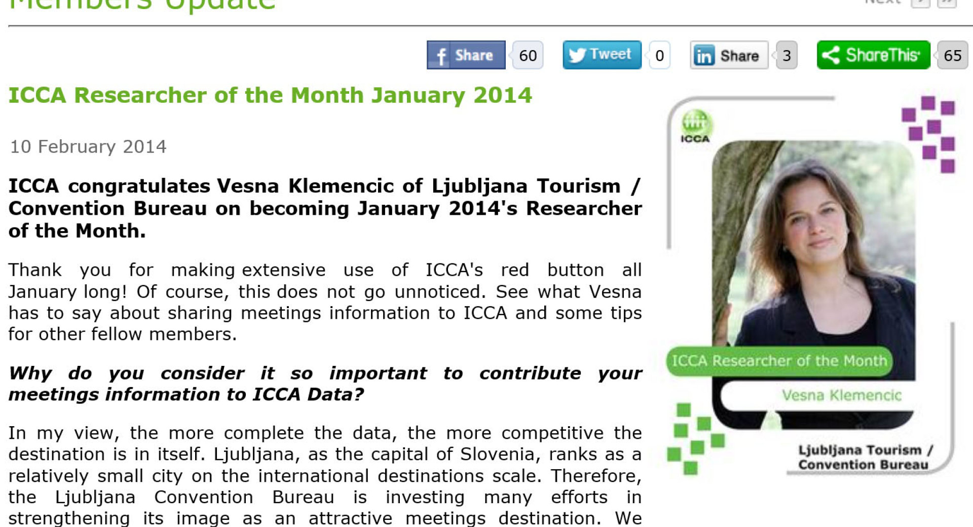 ICCA za raziskovalko meseca imenovala Vesno Klemenčič s Kongresnega urada Turizma Ljubljana