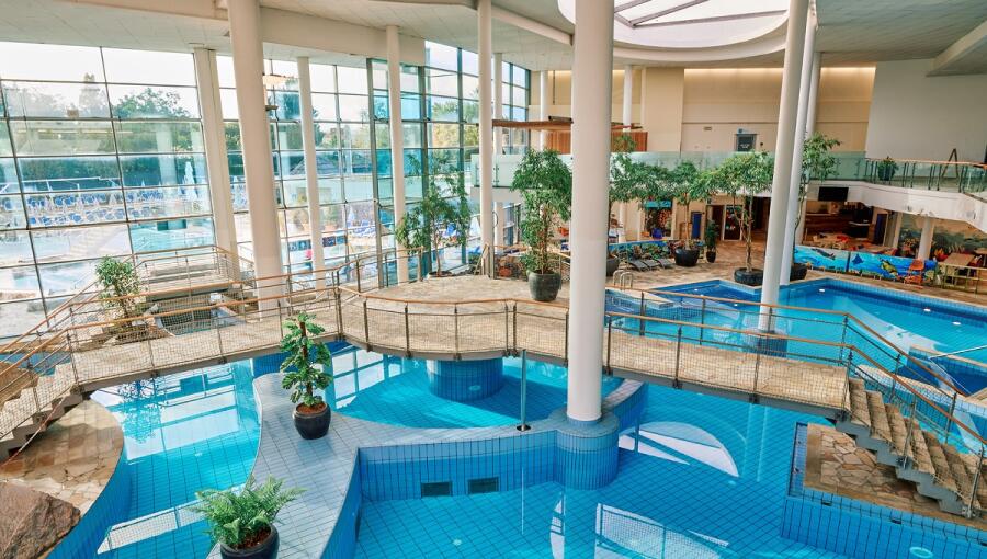 A large indoor pool with a bridge, greenery, and large glass windows.