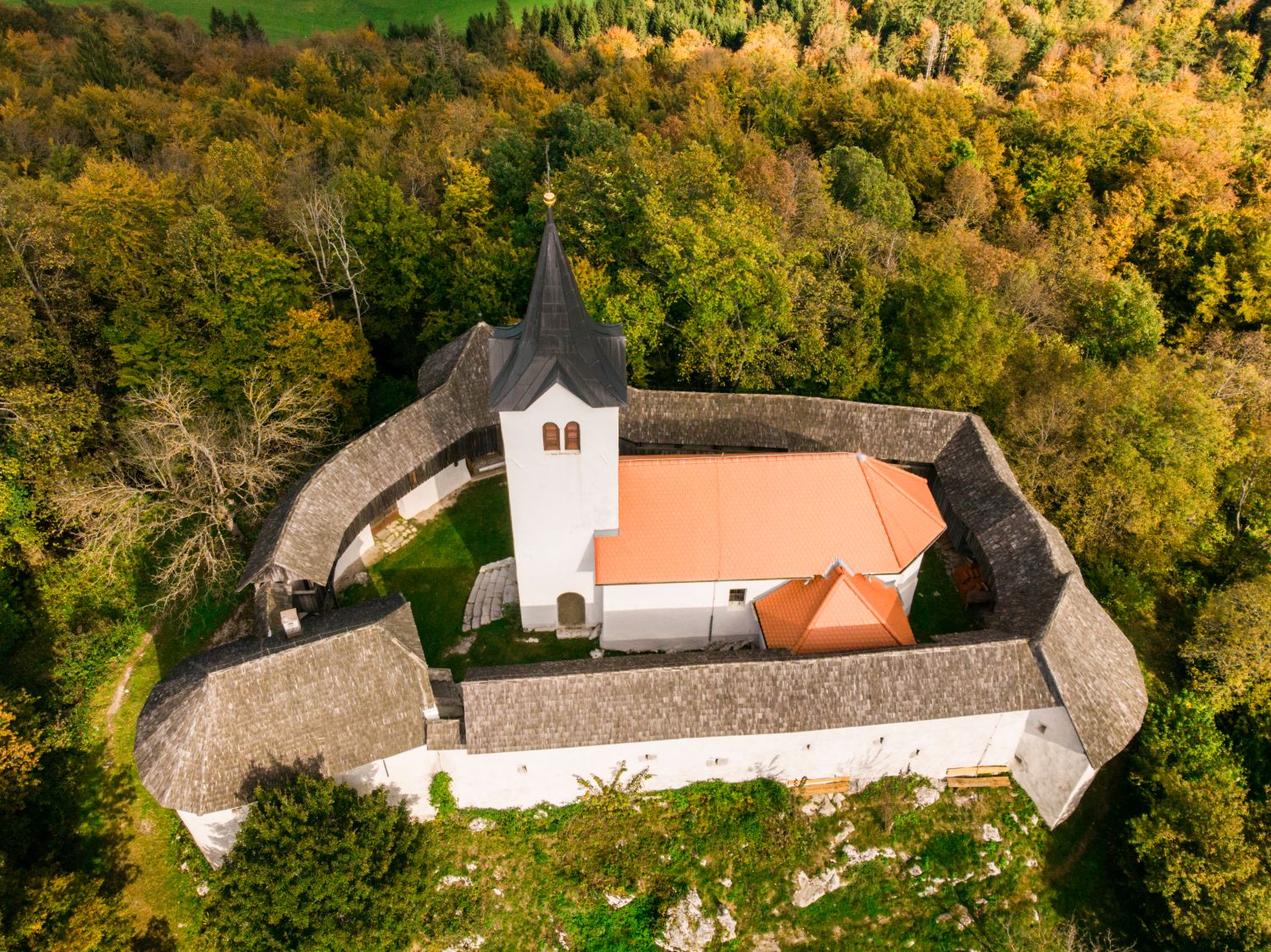 Church with anti-Turkish fortification. Aerial footage of the church.