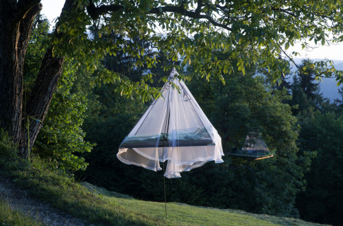 Viseča postelja na drevesu, pokrita z mrežo proti komarjem. 