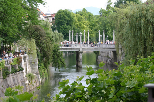 Skupina ljudi na čevljarskem mostu. V ospredju reka Ljubljanica.