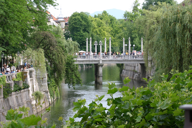 Skupina ljudi na čevljarskem mostu. V ospredju reka Ljubljanica.