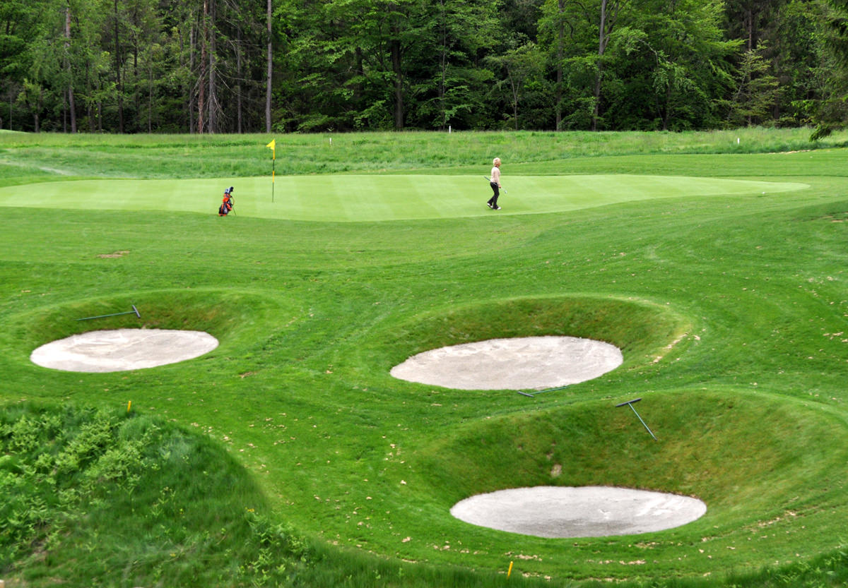 Golfist na igrišču. V ozadju so drevesa.