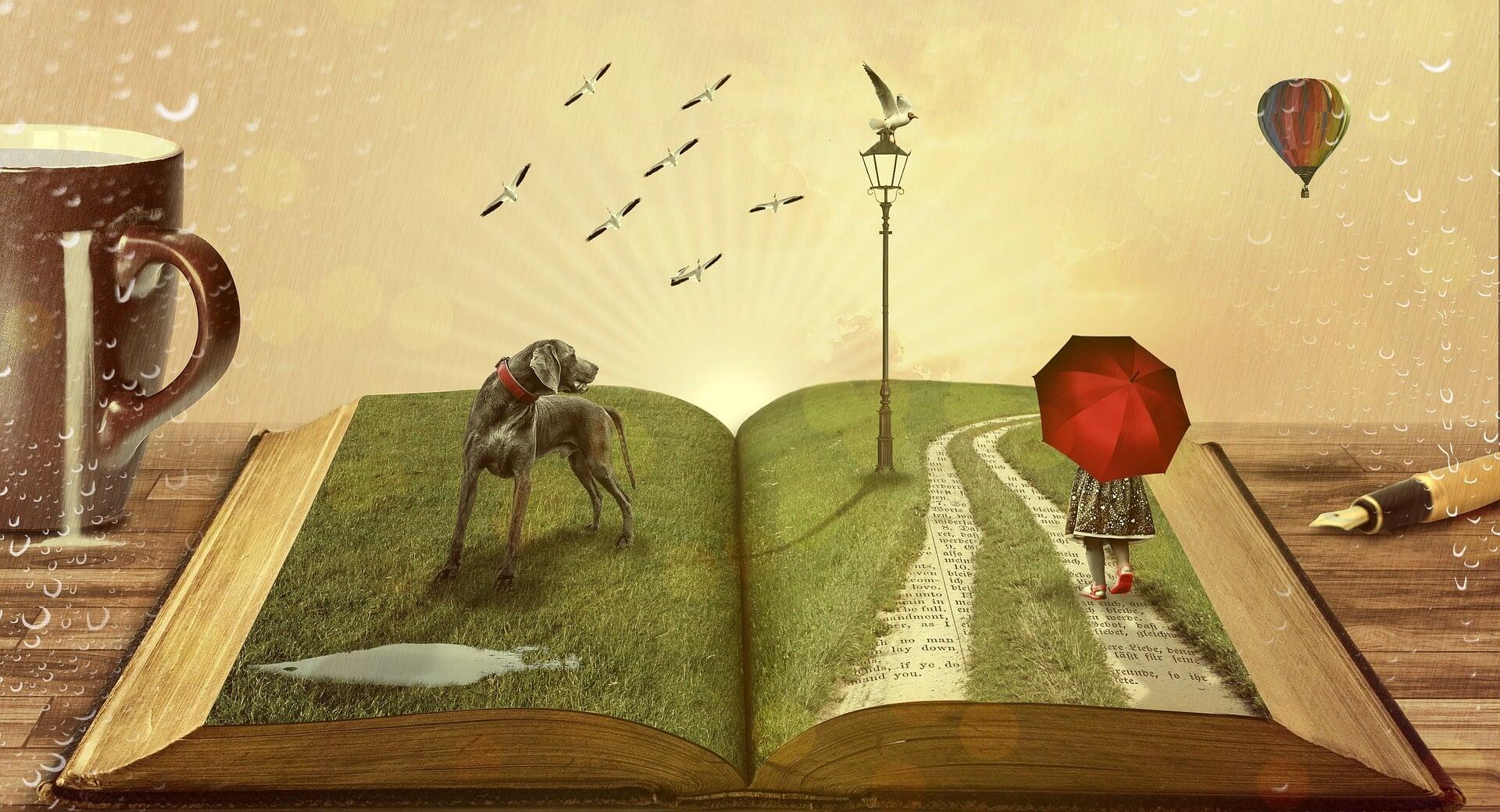 Ilustracija odprte knjige, iz katere se razprostira travnik s psom, potjo iz besed, po kateri hodi deklica z rdečim dežnikom, ter kandelabrom, okoli katerega letijo ptice.