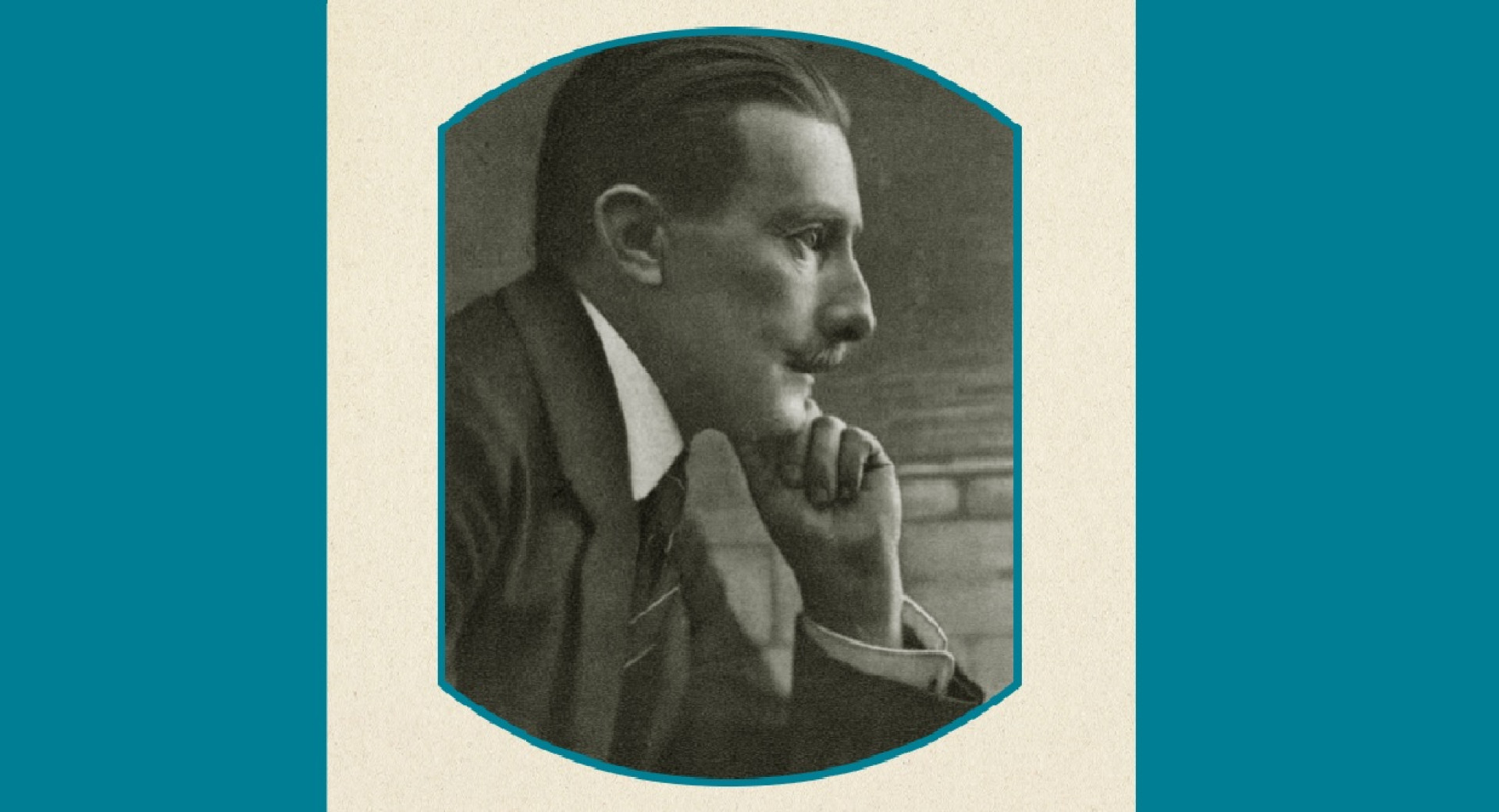 An old photograph of a man in right profile against a green-blue background.