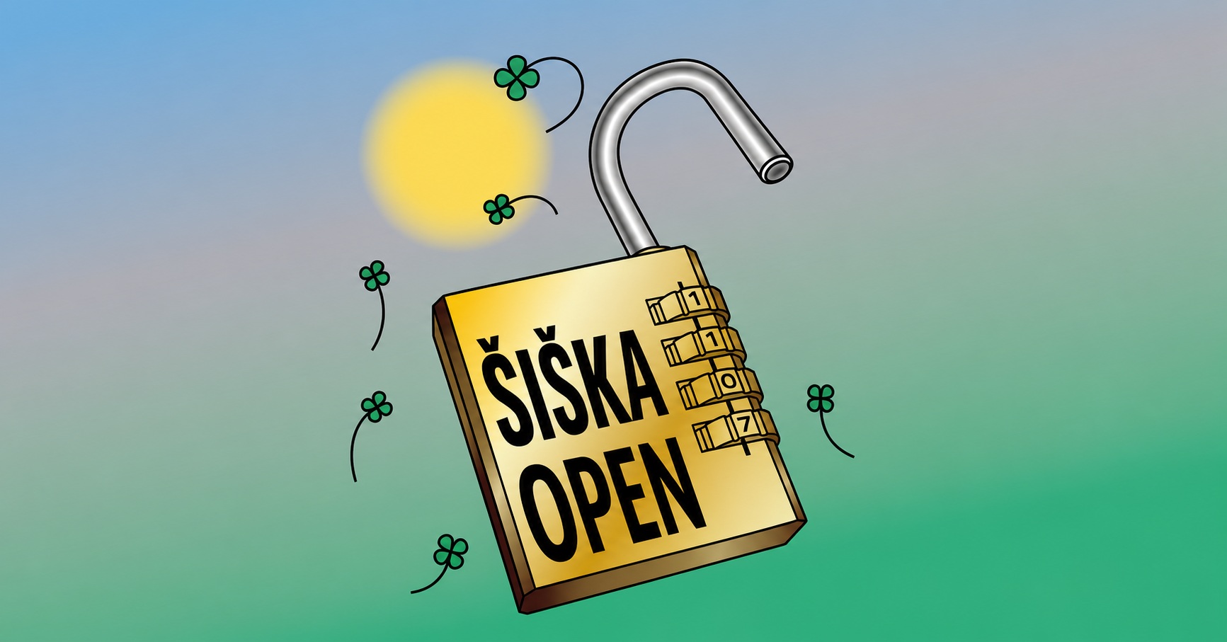 An illustration of an open gold padlock with a dial, set against a backdrop of blue sky, sun, and green clovers.