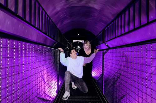 Moski in zenska na mostu v vijolicni sobi.