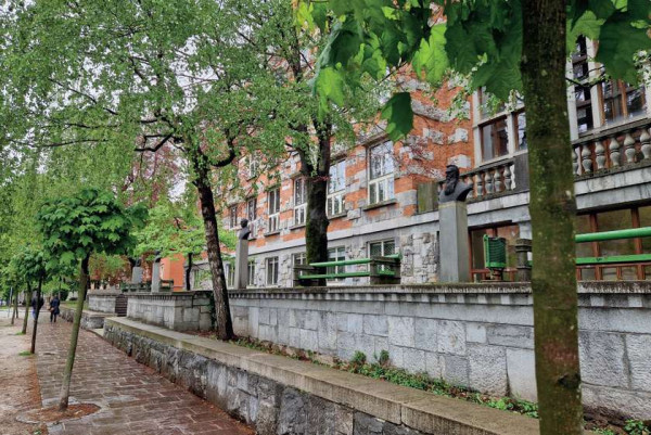 Ulica poleg rdece-sive opecnate zgradbe. 