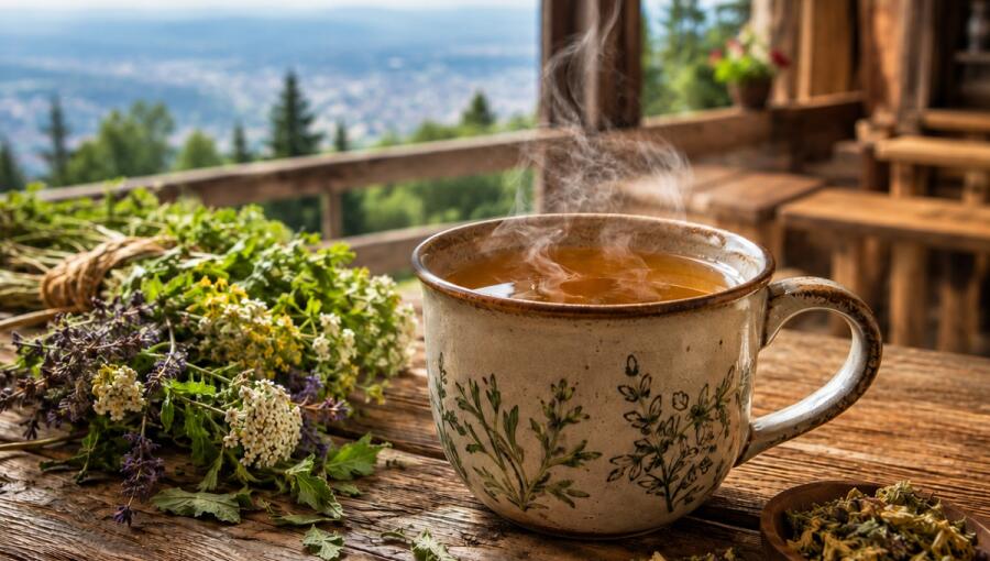 A steaming cup of tea sits on a rustic wooden table, surrounded by fresh herbs and flowers, with a scenic view of a green landscape in the background.