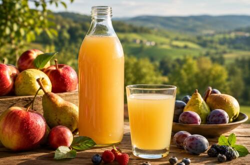 A bottle and a glass of juice are placed on a wooden table, surrounded by fresh fruit like apples, pears, and berries. The scenic background features rolling green hills under a clear sky, creating a soothing atmosphere.