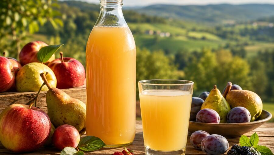 A bottle and a glass of juice are placed on a wooden table, surrounded by fresh fruit like apples, pears, and berries. The scenic background features rolling green hills under a clear sky, creating a soothing atmosphere.
