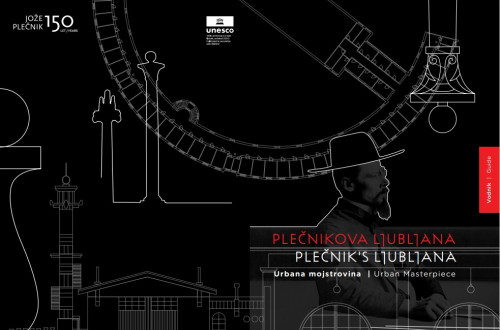 Black background. White outlines of Plecnik's masterpieces on it.