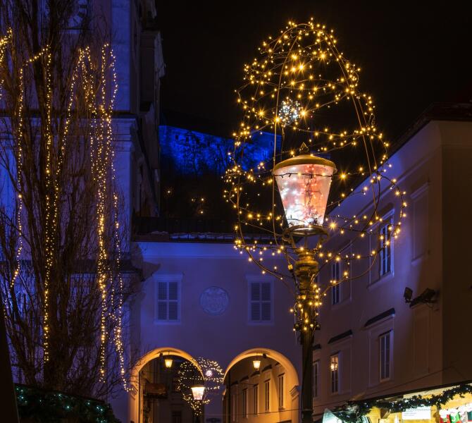 A night lamp decorated with festive lights.