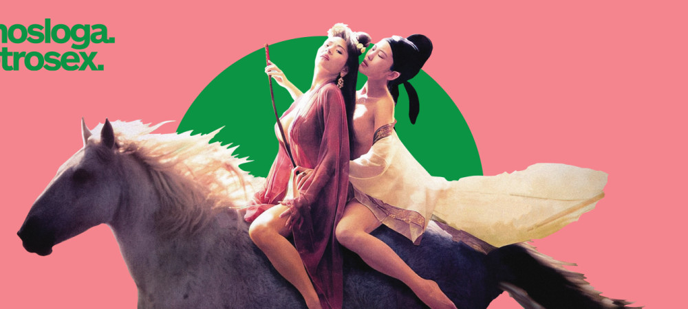 A promotional poster with the text "Kinosloga. Retrosex." on a pink background. Two people are sitting on a horse, dressed in vintage clothing.