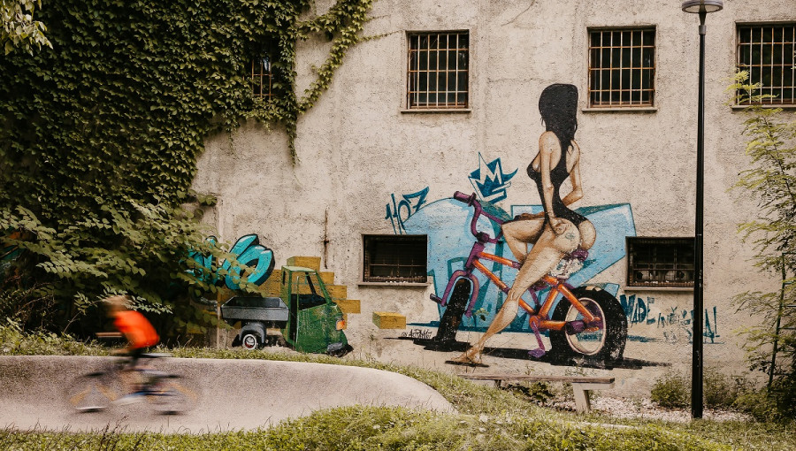 Mural of a sexy woman on a bike. An old building covered with poison ivy. 