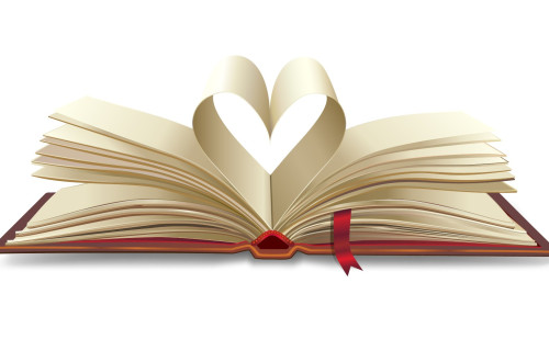 Odprta knjiga s stranmni, oblikovanimi v srček.