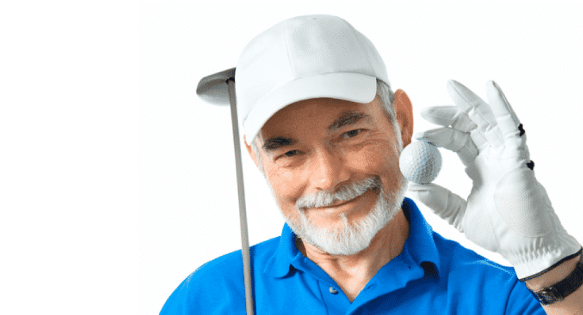  An elderly man with a white cap, a white glove, a golf club in his hands and a blue shirt.