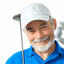  An elderly man with a white cap, a white glove, a golf club in his hands and a blue shirt.