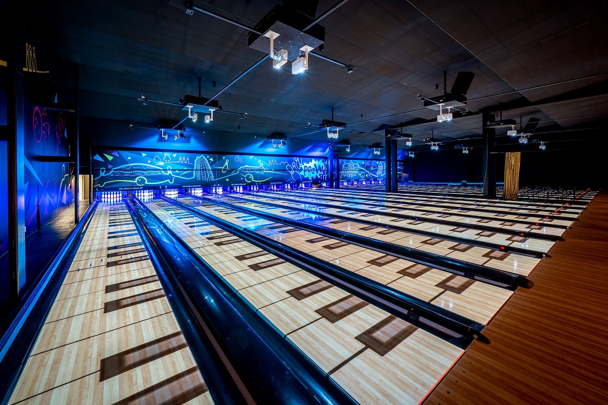 Bowling alleys. Blue light in the background.
