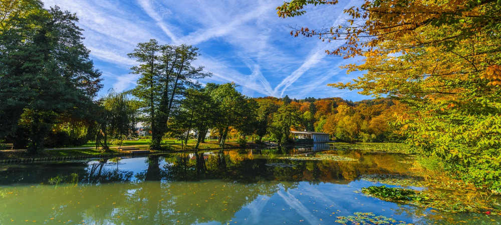 Pond by Colnarna in Tivoli, Ljubljana. It is surrounded by trees with colorful autumn leaves.