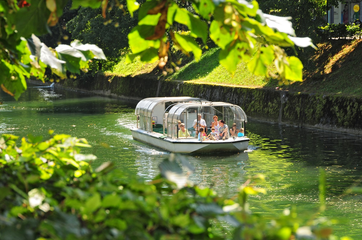 Turistična ladjica s turisti na Ljubljanici. V ospredju listi dreves.