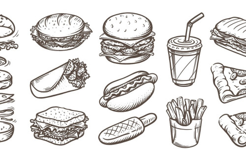 Drawn fast food. Hamburger, hot dog, pizza,  french fries, sandwich.