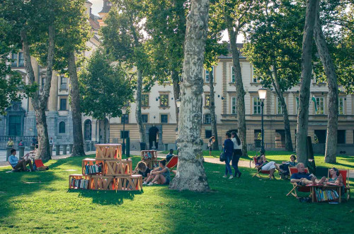 Library Under the Treetops in Zvezda Park at Kongresni trg Square.