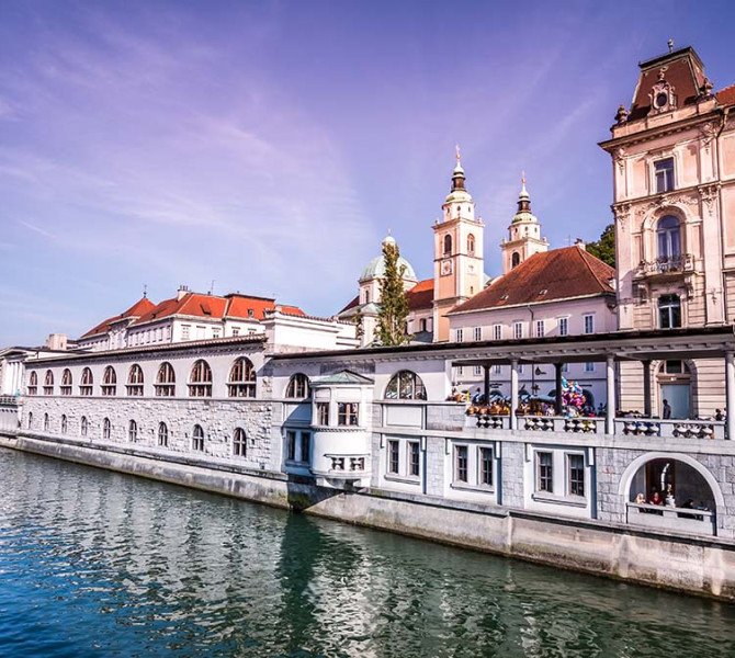 Plečnik's Covered Market and the Ljubljanica River.