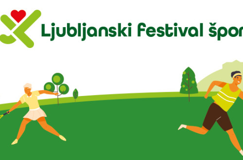 Ilustracija moškega in ženske v športnih oblačilih na zelenici; ženska drži teniški lopar, moški pa vodi košarkarsko žogo.