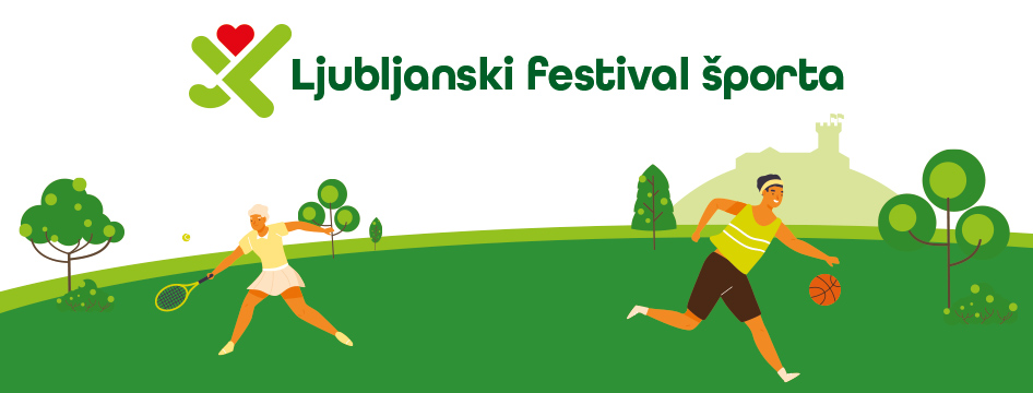 Ilustracija moškega in ženske v športnih oblačilih na zelenici; ženska drži teniški lopar, moški pa vodi košarkarsko žogo.