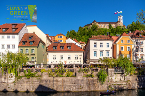 Ljubljana prejemnica znaka Slovenia Green Destination Platinum. V ozadju nabrežja Ljubljane.
