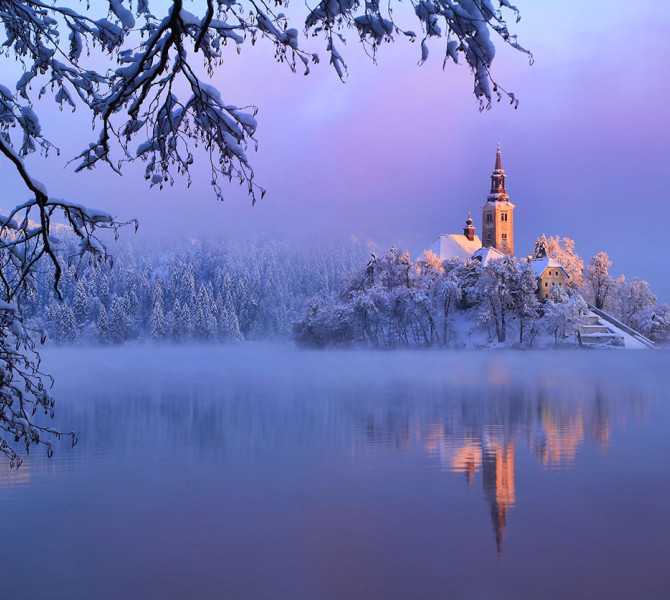 Lake with an island in winter.