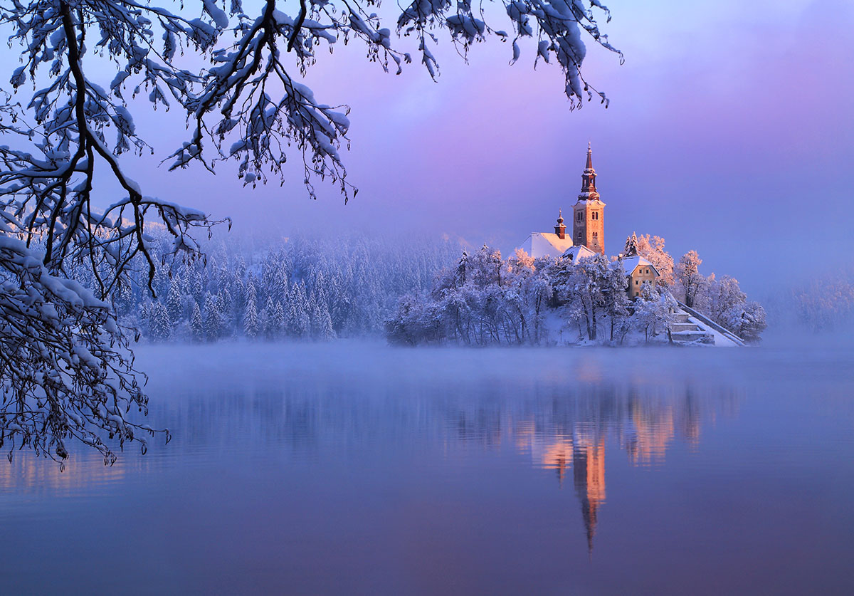 Lake with an island in winter.