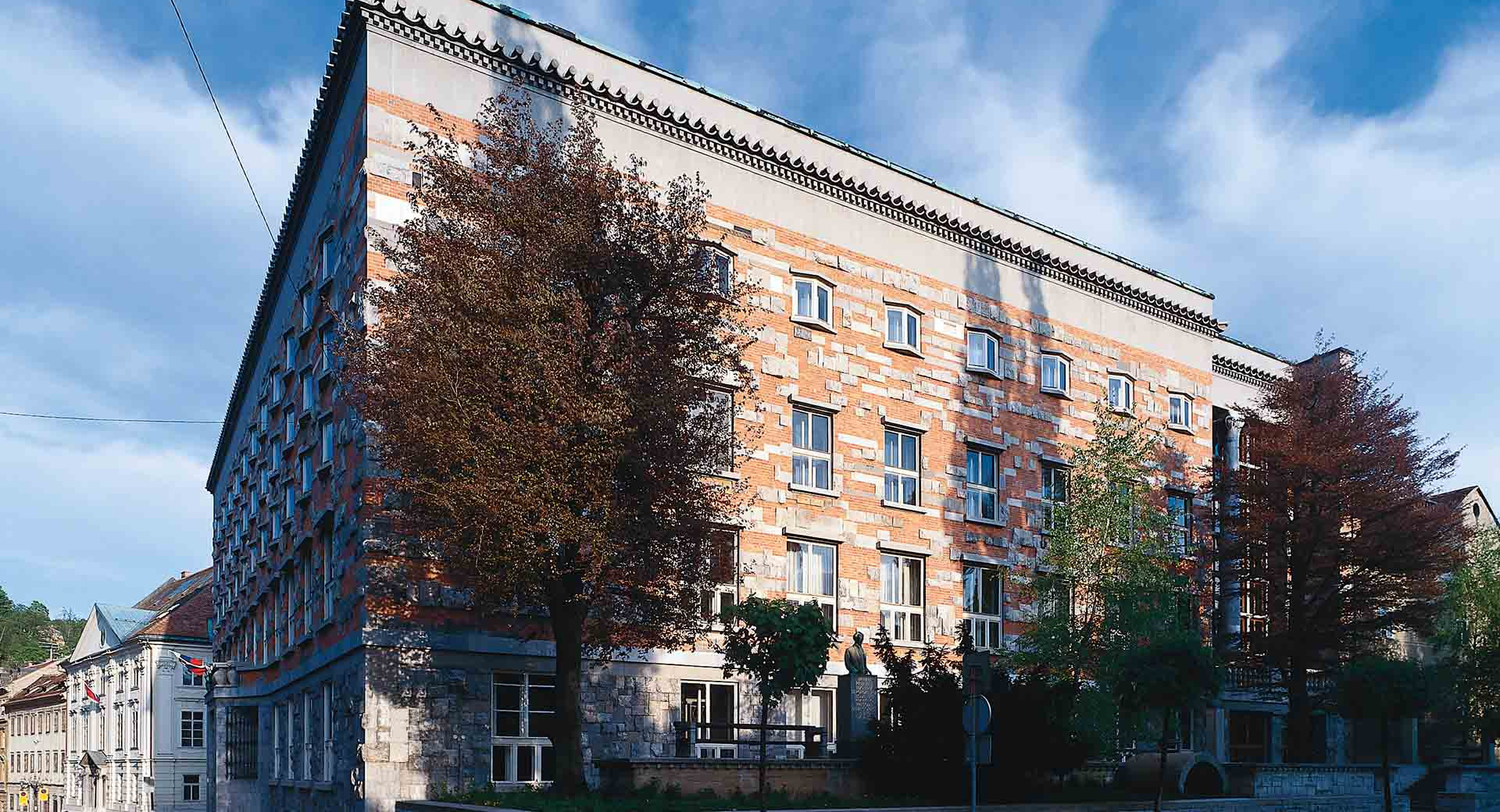 L’extérieur de la bibliothèque, entouré d’arbres.