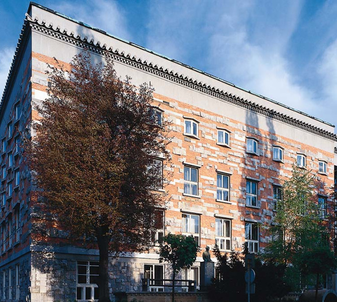 A large building with orange bricks.