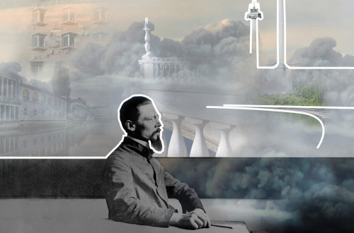 Starejši sedeč moški s profila. V ozadju zgodovinske stavbe v megli.